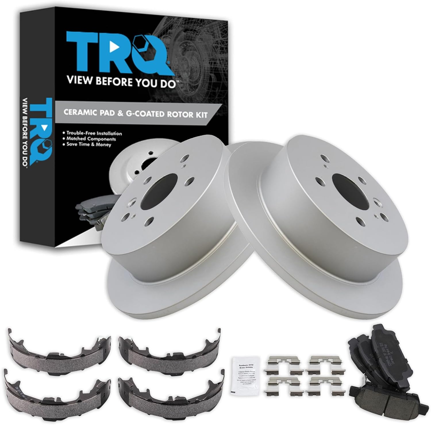 TRQ Rear Brake Pad and Rotor Set Ceramic G Coated Rotors Parking Brake Shoe Compatible with 2004-2010 Toyota Sienna