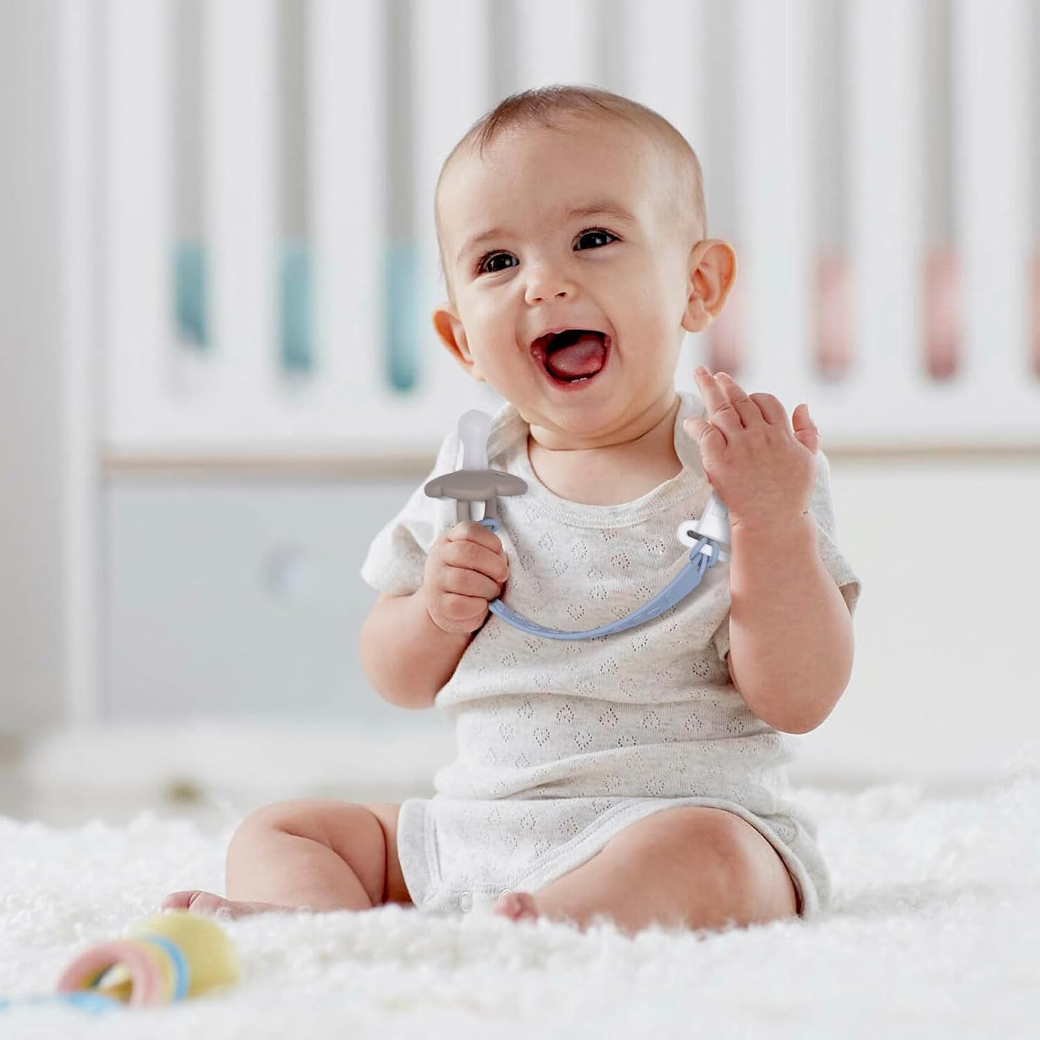 One Piece Design Silicone Pacifier Clip Holder for Baby Boys and Girls,Pack of 4 Flexible Paci Leash,Binky Clips,Newborn Essentials (Fruits, Gray)