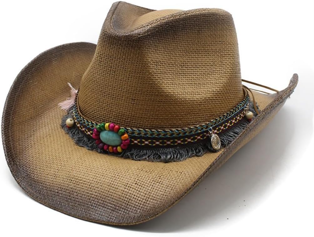 Western Cowboy Hat with Decorative Beaded Band, Turquoise Stone Accent, Grey Ombre Straw