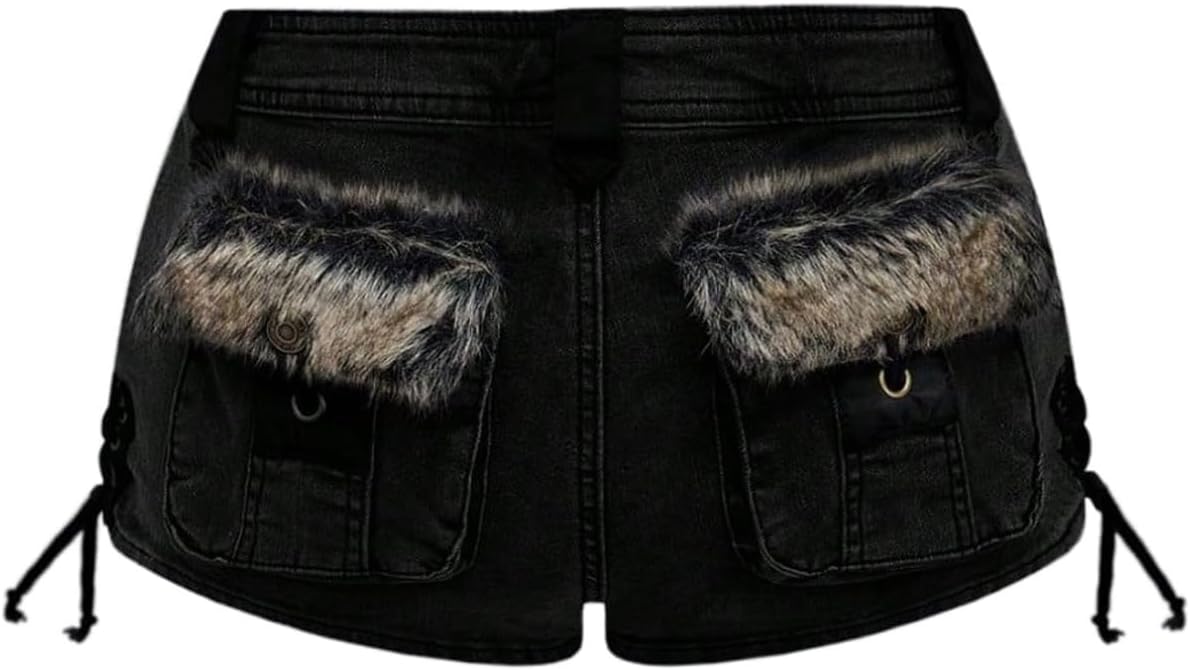 WDIRARA Women's Fuzzy Low Rise Denim Shorts Lace Up Vintage Mini Jean Shorts Streetwear