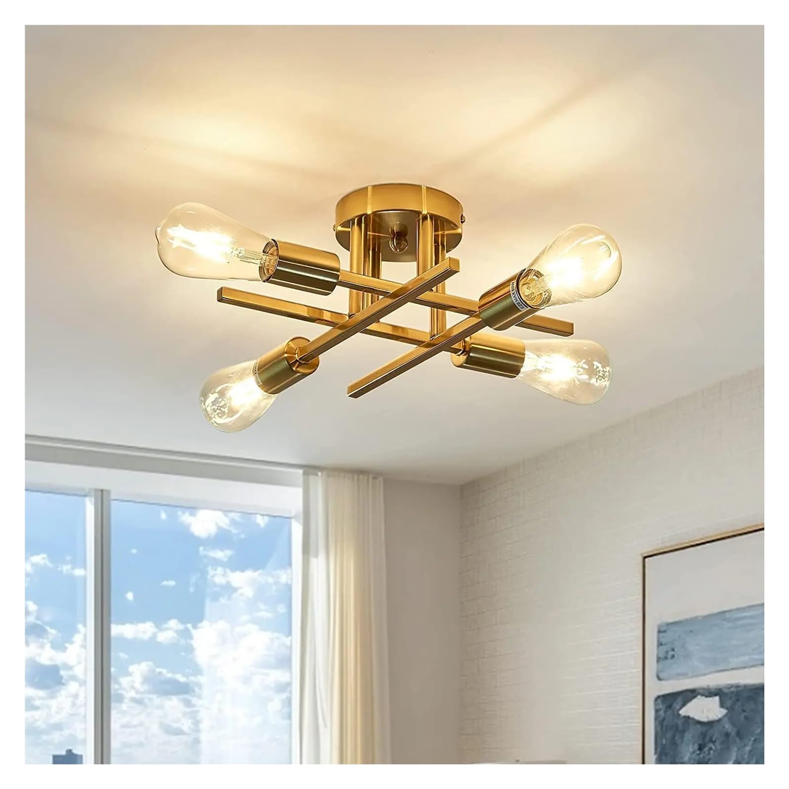 Lustre semi-encastré pour salon chic | Éclairage près du plafond noir et doré