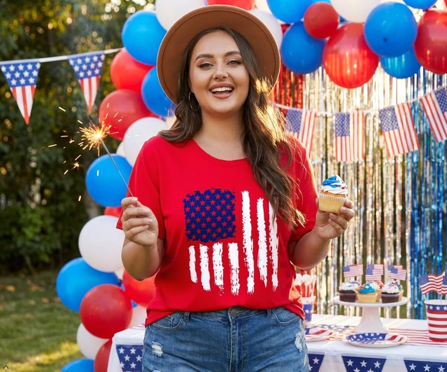 Image of ForHailey Women's 4th of July Patriotic Shirts Graphic Tees USA Shirt American Flag Short Sleeve Tunic Tops