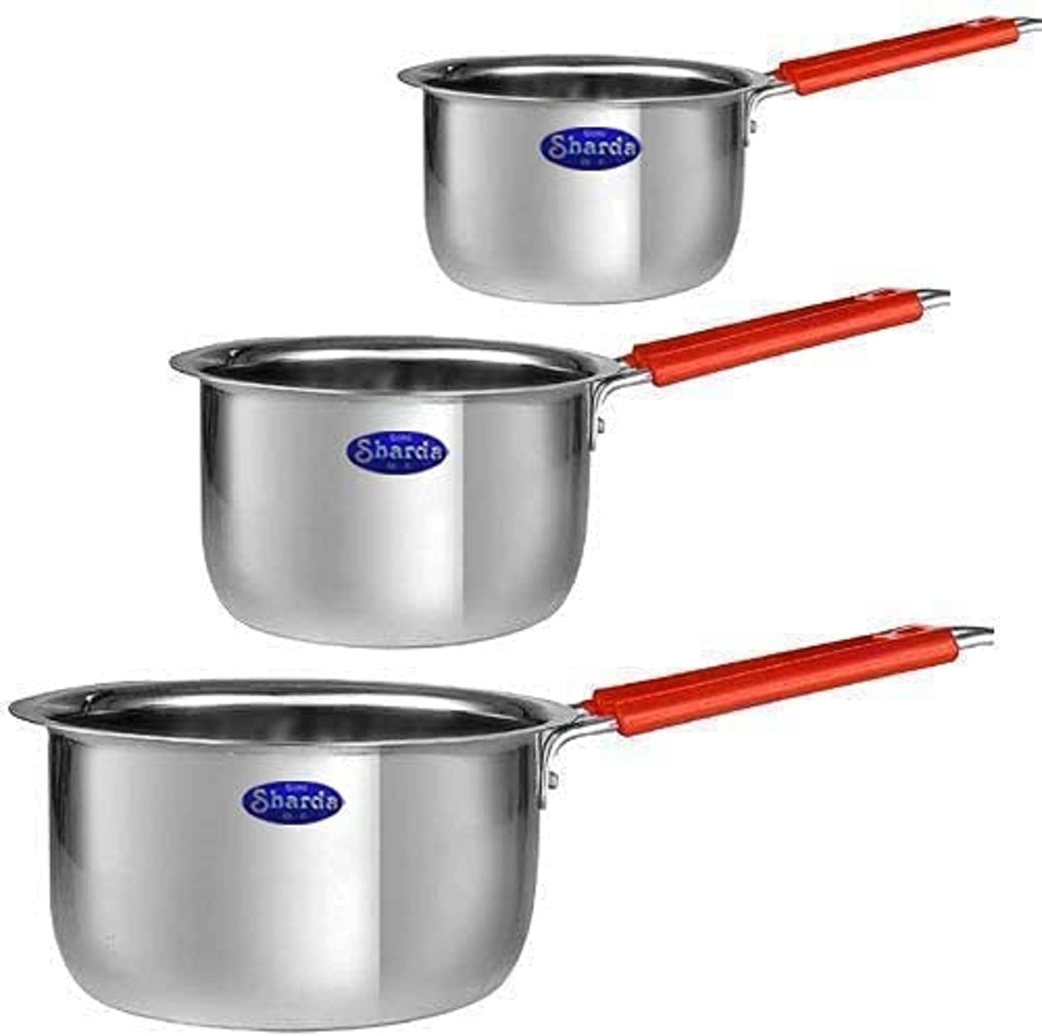 Sharda Metals Stainless Steel Sauce Pan Set of 3 with Handles for Tea, Chai,Coffee, Milk boilier, Flat Induction Base Tapeli, Patila, Cooking Tope - 750ml, 1L & 1.5L