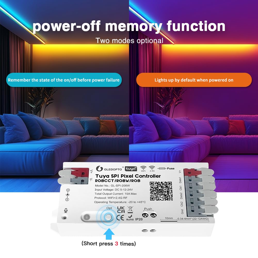 Controlleur LED SPI WiFi Tuya 15A, Compatible Alexa Google Assistant, Synchronisation Musicale, pour Ruban RGB RGBW RGBCCT 1000 LEDs Max