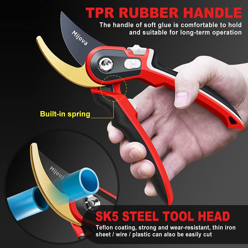 Garden Pruners, Heavy Duty Garden Clippers, Pruning Shears with Adjustable Thumb Lock, Hand Gardening Tools Pruners, High Carbon Steel Sharp Gardening Scissors (red) - Image 6