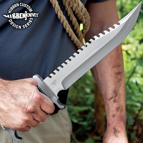 Miniatura 5 de Gil Hibben Extreme Survival Survivor - Cuchillo Bowie con funda de cuero para cinturón, hoja de sierra de acero inoxidable 7Cr17, guardamanos y