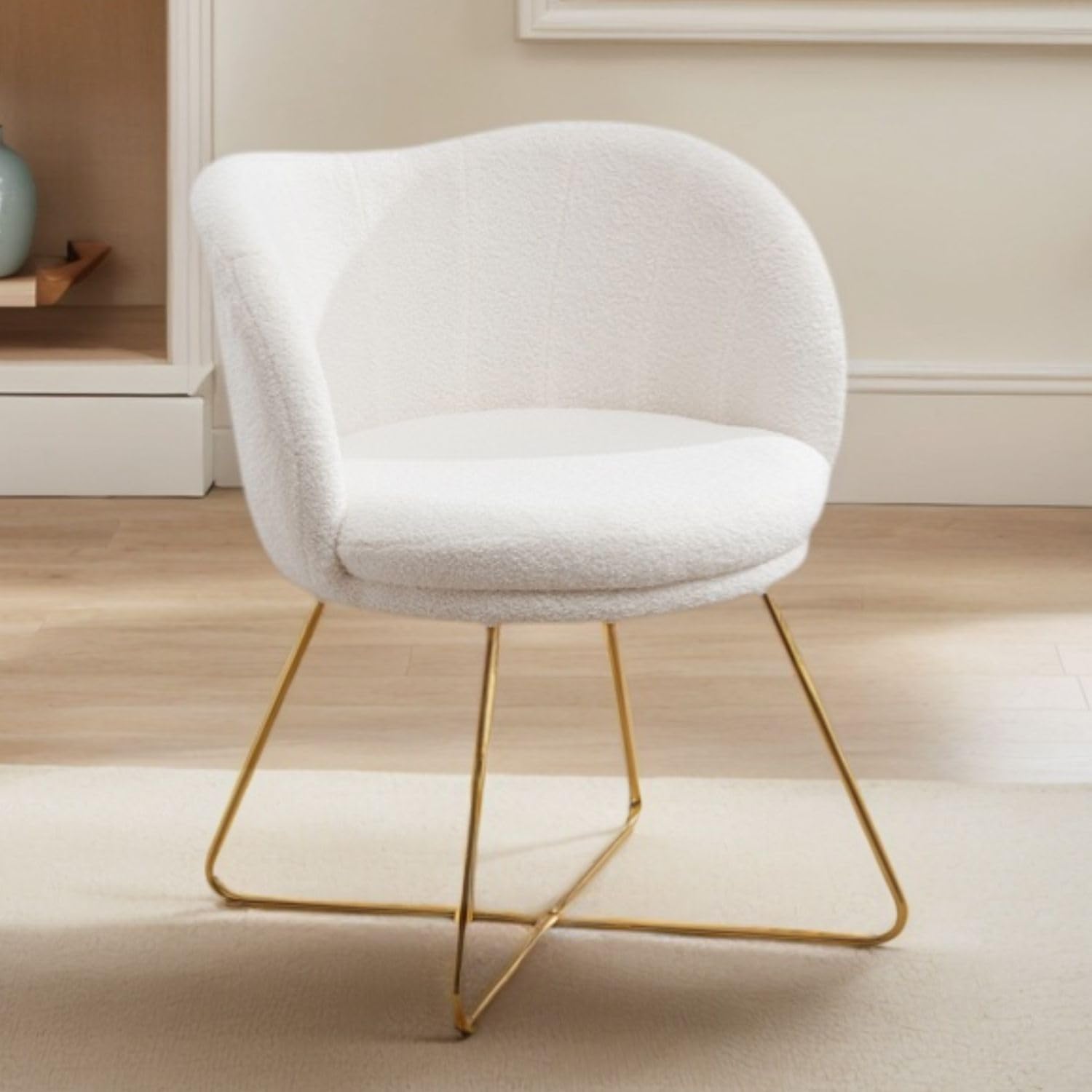 chairus Sillón Salón de Lana Sintética Silla Tocador Dormitorio con Patas Doradas, Silla Ocio Elgegante con Respaldo Sillón Tapizado Moderno para Hogar/Sala de Estar, Blanco