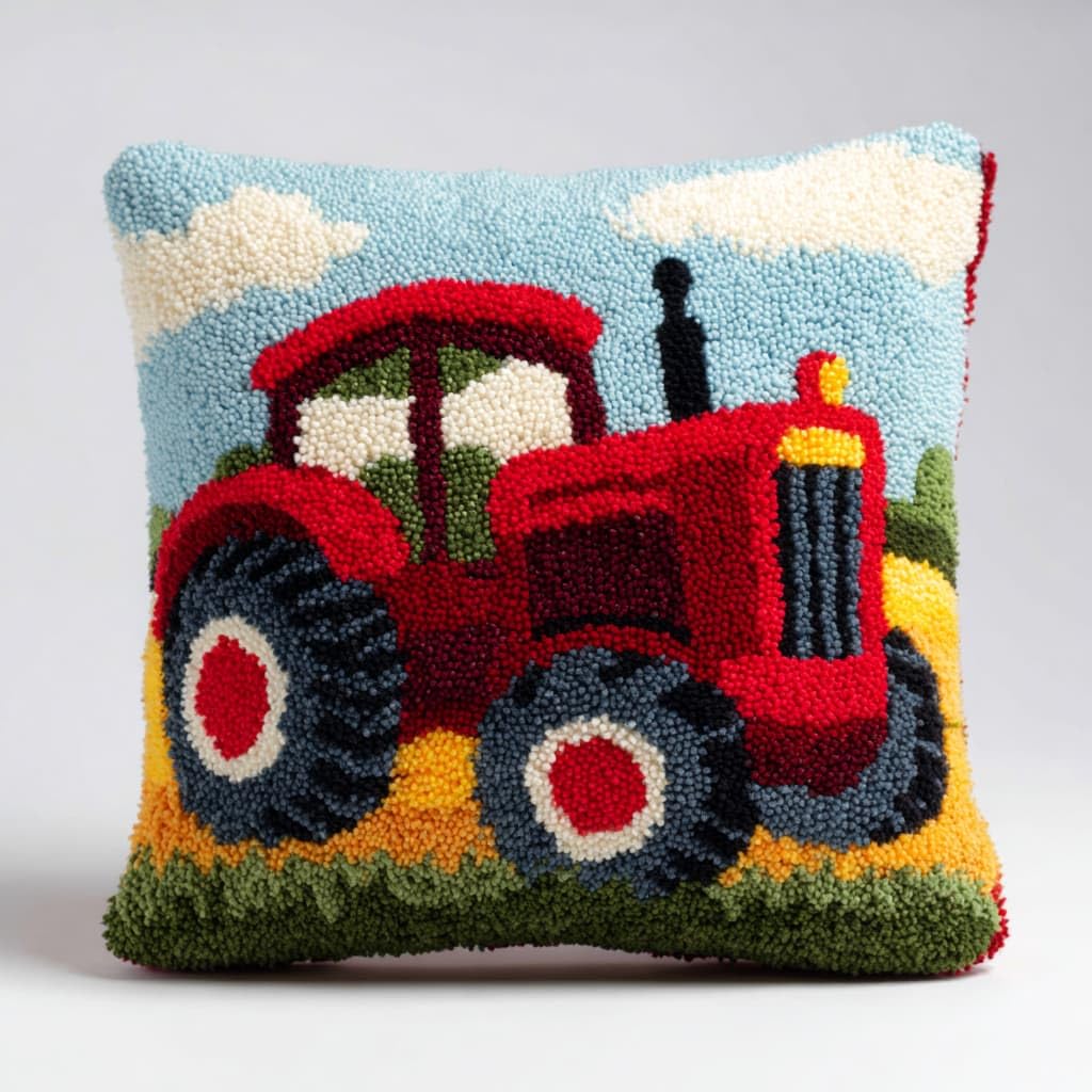 Taxpy DIY Latch Hook Rug Kits, Cartoon Tractor Latch Hook Cushion Kits Pillowcase Rug Crochet Needlework DIY Needlework Pillow Cover Sofa Cushion 43x43cm