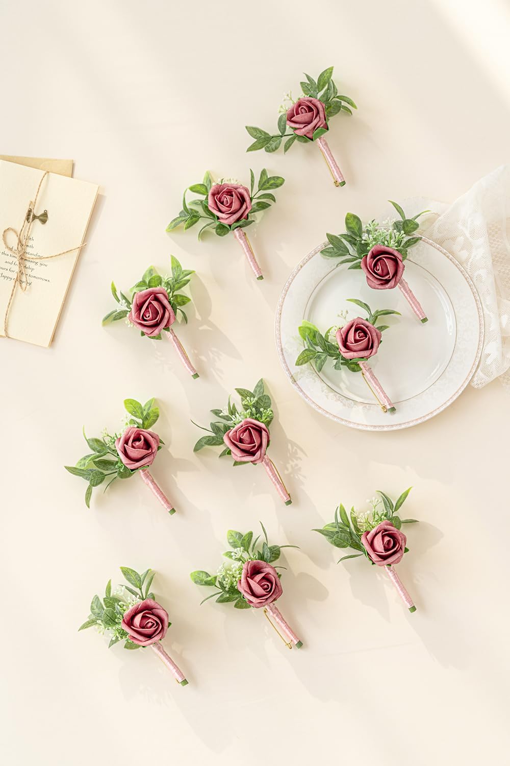 10PCS Pink Boutonniere for Men, Dusty Rose Groomsmen Guest Boutonniere, Artificial Flowers for Wedding Decor Prom Homecoming