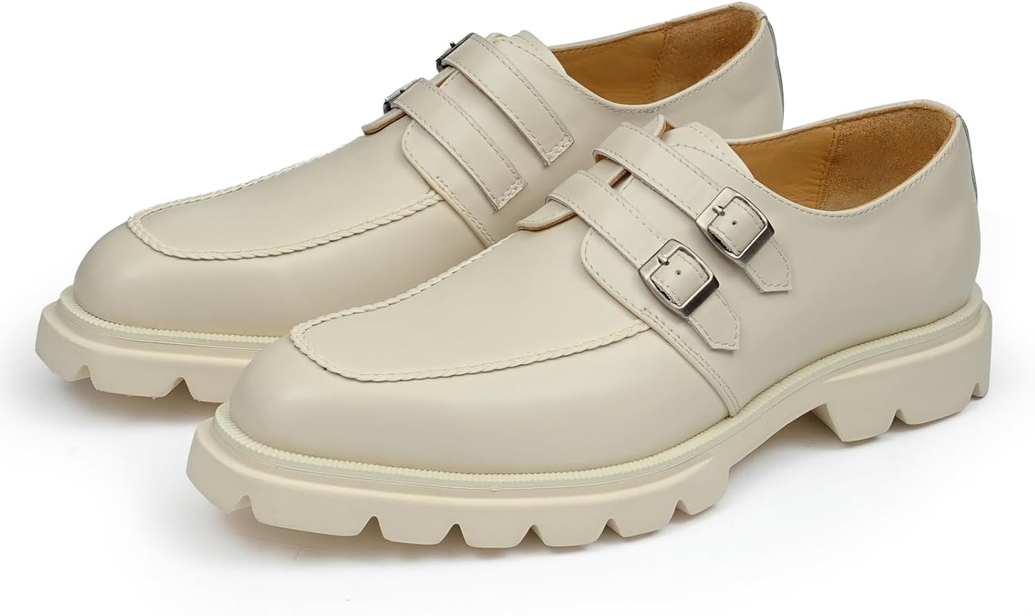 Santimon Men's Handmade Top-Grain Leather Double Monk Strap Dress Shoes, Cushioned Interior, Round Toe Lug Sole Leather Shoes for Business, Wedding, Party, Smart Casual