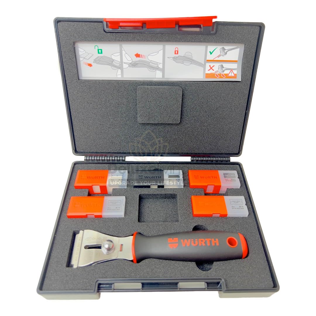 Würth 2K Klingenschaber Set 52-teilig zum Entfernen von Etiketten, Aufklebern, Kleberresten auf Glas Kochfelder Fensterschaber 0714663380