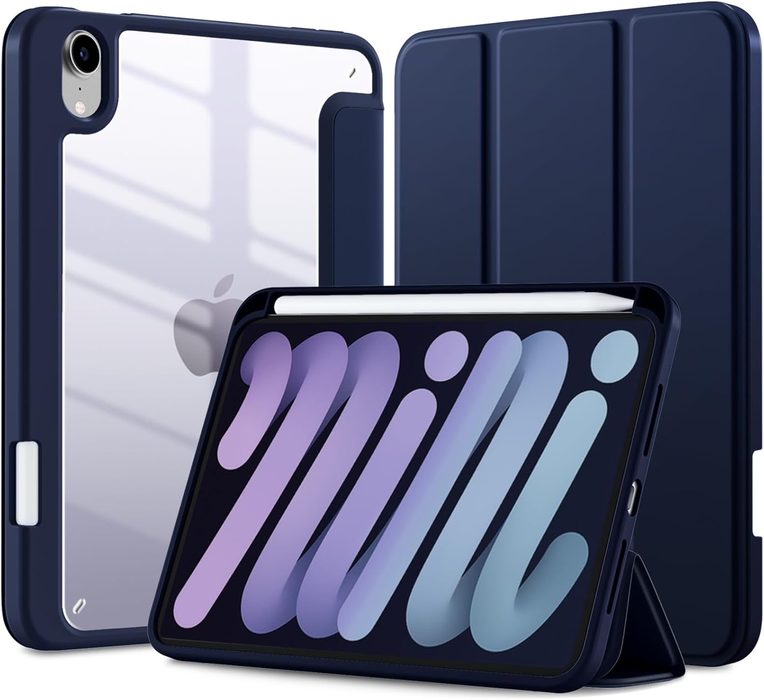 Mastten for iPad Mini 7 Case A17 Pro, for iPad Mini 7th/6th Generation Case 2024/2021 8.3 Inch with Pencil Holder, Hybrid Slim Clear Back Shell Cover Kids, Auto Wake/Sleep, Navy Blue