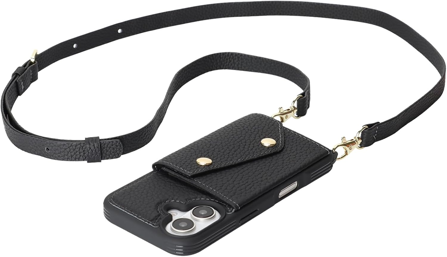 Jaorty Genuine Leather Wallet Case for iPhone 16, Necklace Lanyard Case Cover with Card Holder & Cash Pocket for Women Girls,Magnetic Snap,Anti-Lost Shoulber Strap 6.3 inch,Black