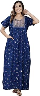DIAMO Pure Cotton Embroidery Nighty for Women, Cotton Night Gown, Night Maxi Gown, Cotton Nighty with a Pocket and Adjusta... Price In India