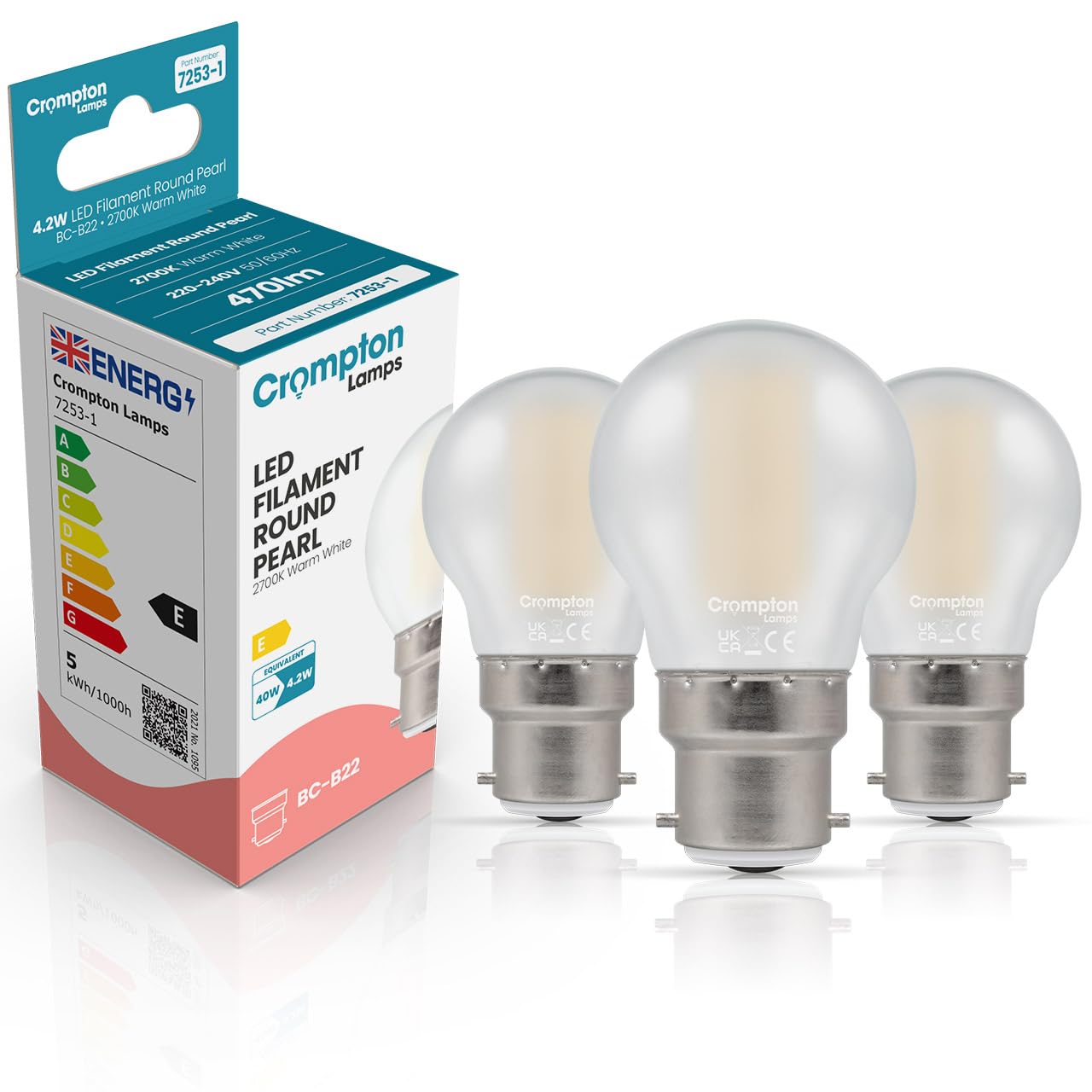Crompton Lamps Filament Golfball LED Light Bulb BC-B22d | 4.2W = 40W Equivalent | Warm White 2700K | Energy Efficient | Bayonet Lightbulb | Long Life 10,000-Hrs | Pearl Glass | Dimmable | 3-Pack