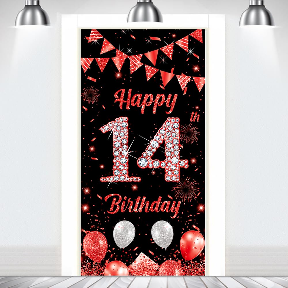Happy 14th Birthday Door Banner Backdrop Black Red Birthday Decorations Boys Girls 14 Years Old Door Background Banner Outdoor Indoor Party Supplies Photo Props Booth Decor Supplies180×90cm