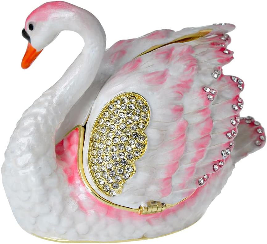 Pink White Swan Jewelry Box, Enamel Trinket Box with Rhinestones & Gold Plating, Small Keepsake Storage Case for Rings Earrings Necklaces