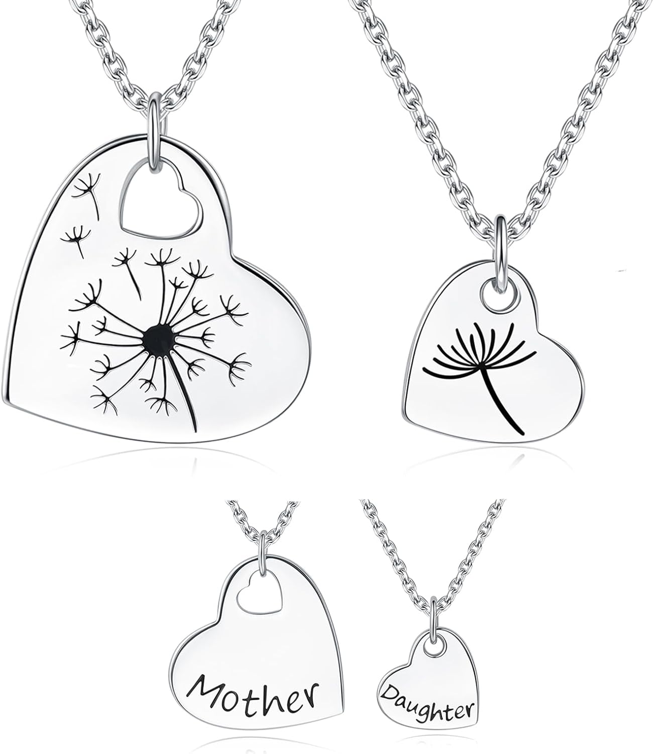 925 Sterling Silver Mother Daughter Necklace Set for 2 Matching Dandelion Heart Jewelry Mother's Day Birthday Gifts