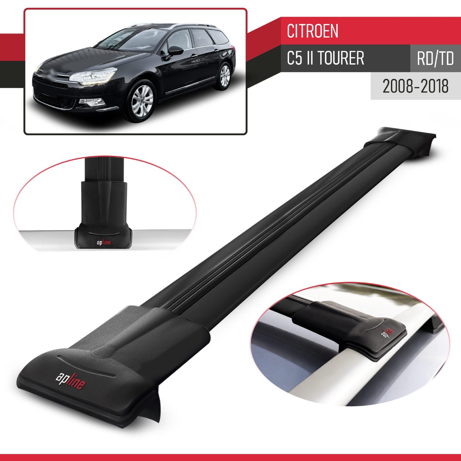 Kompatybilny z Citroen C5 II Tourer (RD/TD) 2008-2018 FLY Model Aluminiowe poprzeczki dachowe Czarny 2 szt.