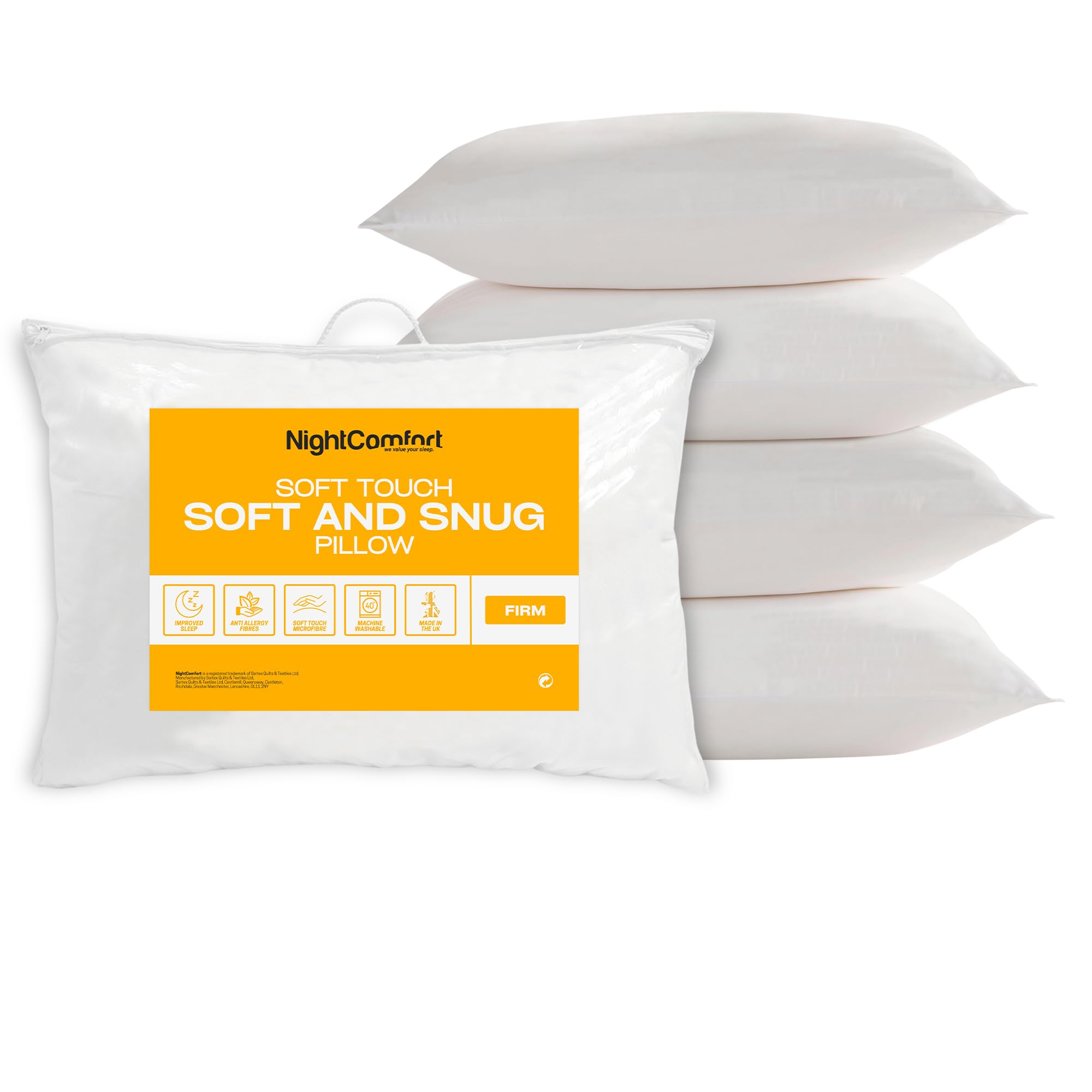 Night Comfort White Soft & Snug Anti-Allergy Pillow Pack Of 4 – Waterproof Hypoallergenic Breathable Firm Support Pillows For Side Sleepers Filled With Bouncy Hollowfibre (46Cm X 74Cm)