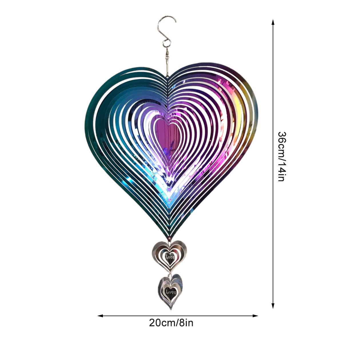 Scacciaspiriti a forma di cuore, grande, 36x20 cm, decorazione da giardino, regalo per esterni, da appendere, a forma di cuore, in metallo, resistente alle intemperie, decorazione da appendere