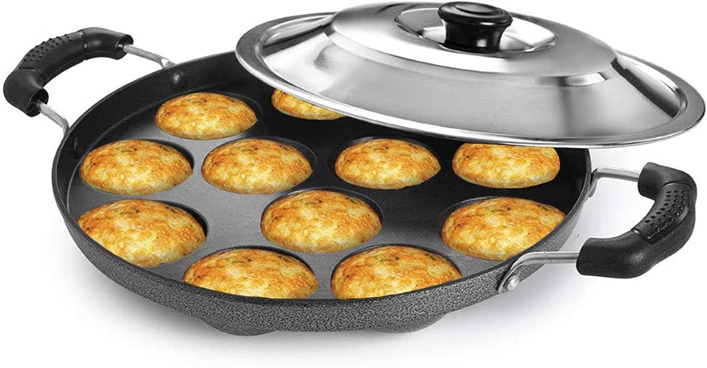 AADHIK Appam Pan With Lid - 12 Cavity Maker, Non-Stick Aluminium Chatty/Kadai, Grey
