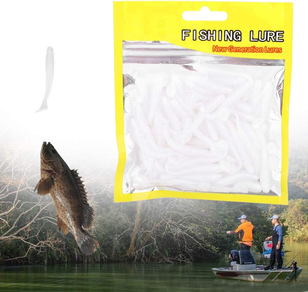 50PCS Fishing Lures Kit, 2in Plastic Fishing Soft Lures T Tail Grub Baits Fishing Swimbaits Fishing Fish Tackle Accessories (Pearl White)