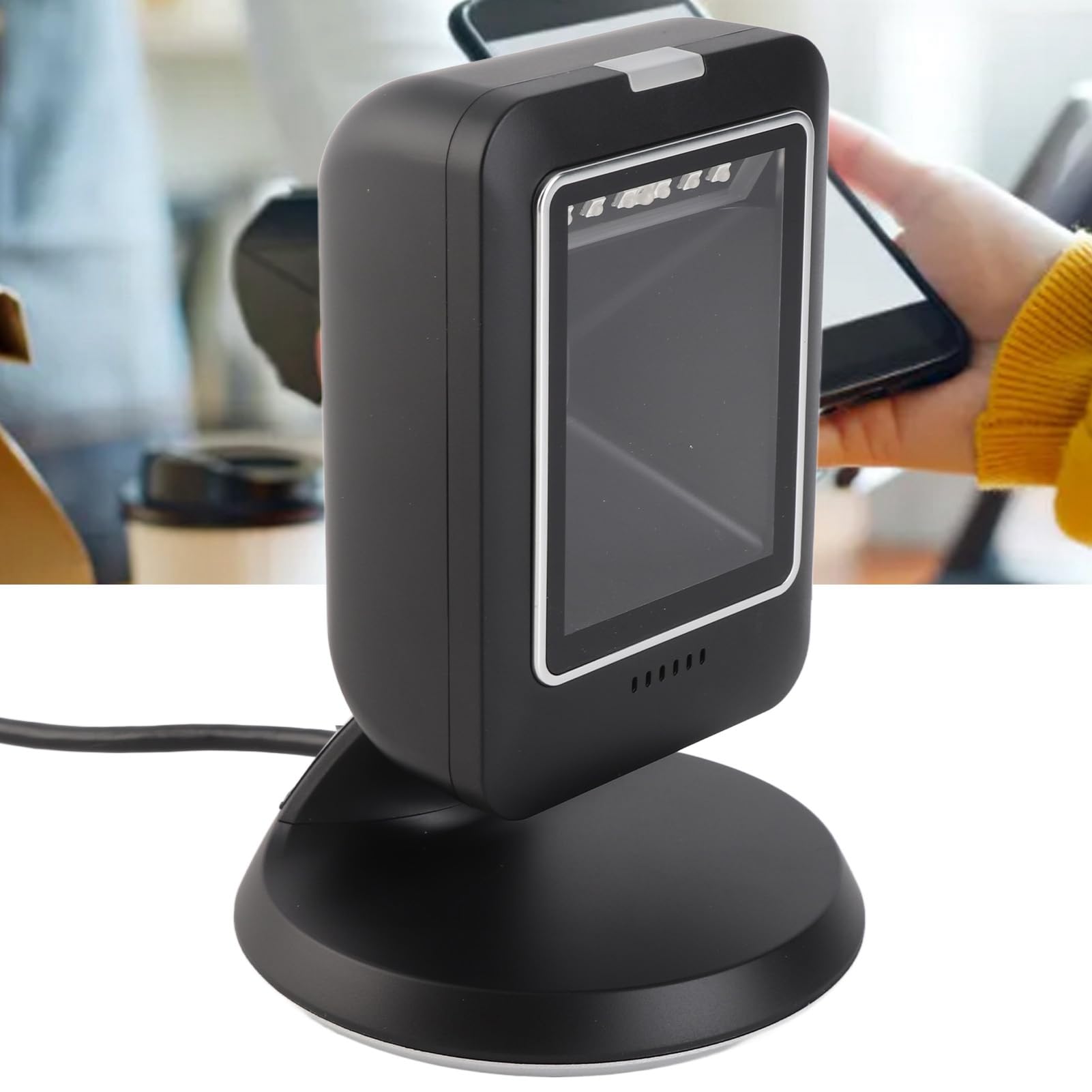 Fafeicy Wolnomówiący Skaner Kodów Kreskowych 2D, Przewodowy Stacjonarny Czytnik Kodów Kreskowych USB z rozdzielczością 640x480 CMOS, Samoczujące Skanowanie Dookólne dla Supermarketów, Lad