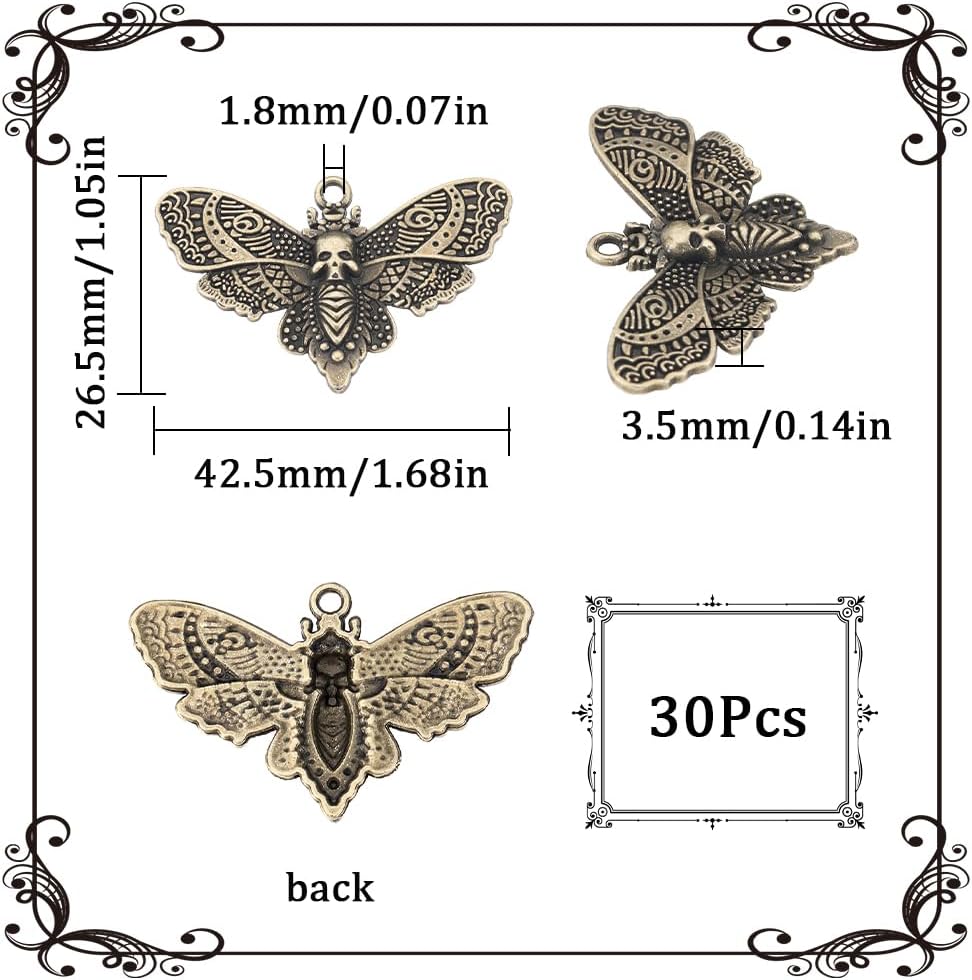 SUNNYCLUE 1 Box 30Pcs Moth Charms Bulk Skull Butterfly Charms Bronze Alloy Skulls Flying Insect Butterflies Halloween Gothic Tibetan Charm for Jewelry Making Charms Women DIY Necklaces Earrings - Image 2