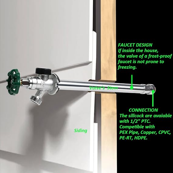STYDDI 1/2 Inch Push-to-Connect x 3/4 Inch MHT Brass Anti-Siphon Frost Free Sillcock Valve, Outdoor Faucet Competialbe with 1/2-Inch Copper, PEX, CPVC Pipe, 8-Inch Long