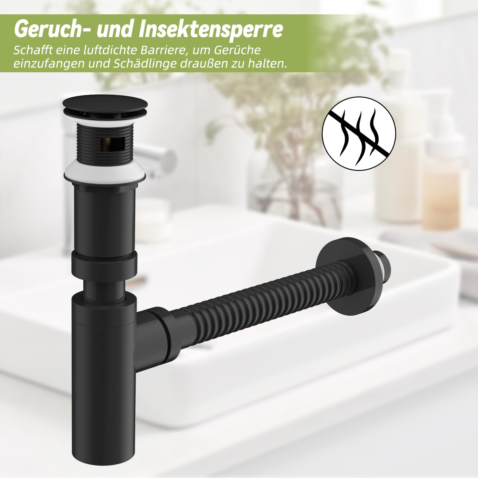 Hibbent Siphon mit Pop Up Ventil Ablaufgarnitur für Waschbecken mit und ohne Überlauf, Höhenverstellbares & Biegsames 304 Edelstahl Abflussrohr - G1 1/4" (ca.40mm) Universalanschluss - Schwarz
