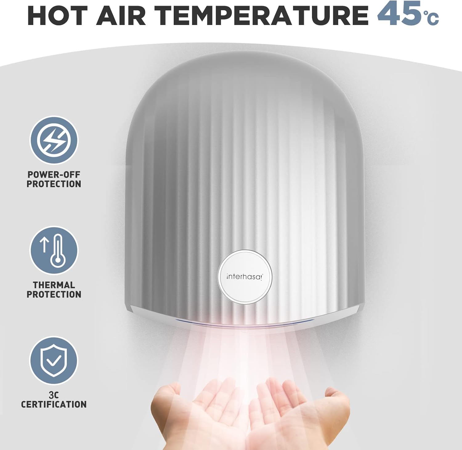 Commercial Hand Dryer for Bathroom 110V Electric High Speed Air Dryer with Hot n Cold Air, 3-Pin Plug in,Low Noise