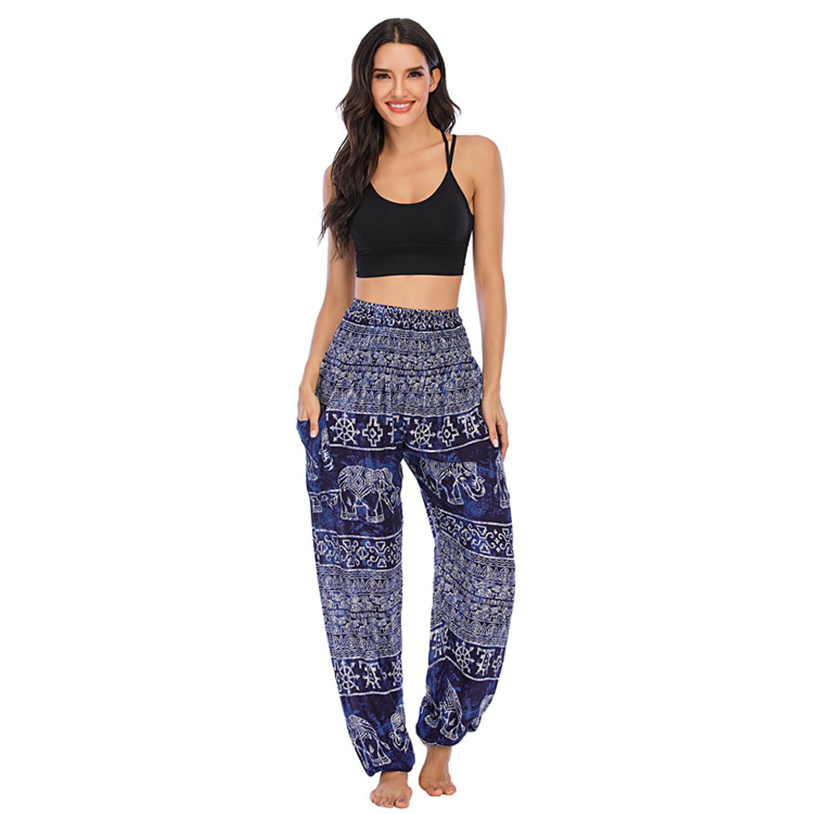 kewing Harem Pants for Womens Hippie Boho Yoga Trousers with Elephant Pattern- High Waisted Baggy Trousers Thai Yoga Pants