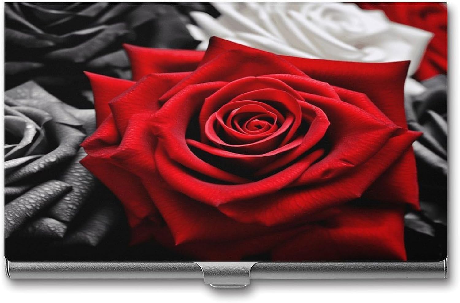 Black White And Red Roses Business Card Holder Aluminum Alloy Cards Case Flip Cover Slim Name Card for Men Buckle Style Shut Professional Cards Case for Office Workers