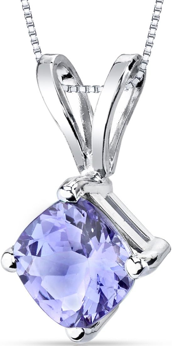 PEORA 14K White Gold Tanzanite Pendant for Women, Genuine Gemstone Classic Solitaire, 1 Carat Cushion Cut, 6mm, AAA Grade, Real Tanzanite Gold Necklace, Gift Idea Set, w/Jewelry Box