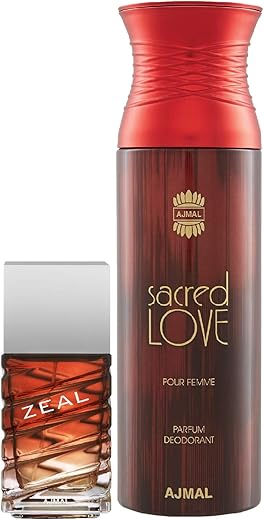 Ajmal Zeal EDP Aquatic Woody Perfume 100ml for Men and Sacred Love Deodorant Floral Musky Fragrance 200ml for Women