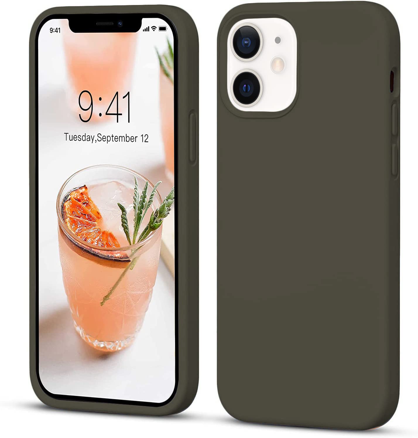 LOXXO® Microfiber Candy Case Compatible for iPhone 12 Smooth Touch Cushion Liquid Soft Silicone Gel Rubber Phone Cases Non-Slip Full Body Protective Shockproof Back Cover (Olive Green)