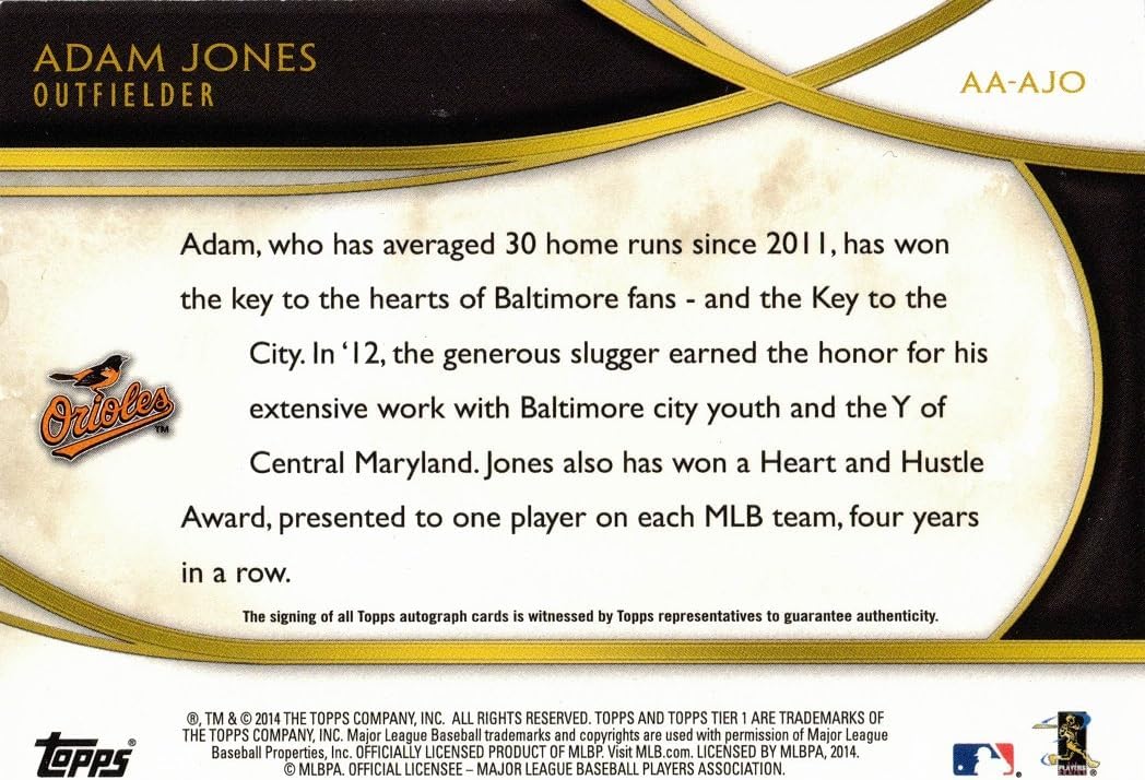2014 Topps Tier One Acclaimed Autographs #AA-AJO Adam Jones Certified Autograph Baseball Card - Only 100 made!