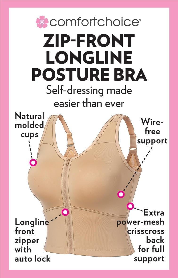 Comfort Choice Women's Plus Size Longline Zip-Front Posture Bra