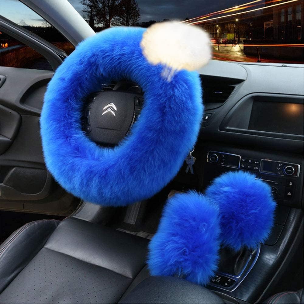 15inch Blue Steering Wheel Cover Set Women Fuzzy Wool Car Accessories Handbrake Gear Shift Cover 3pcs (Blue)