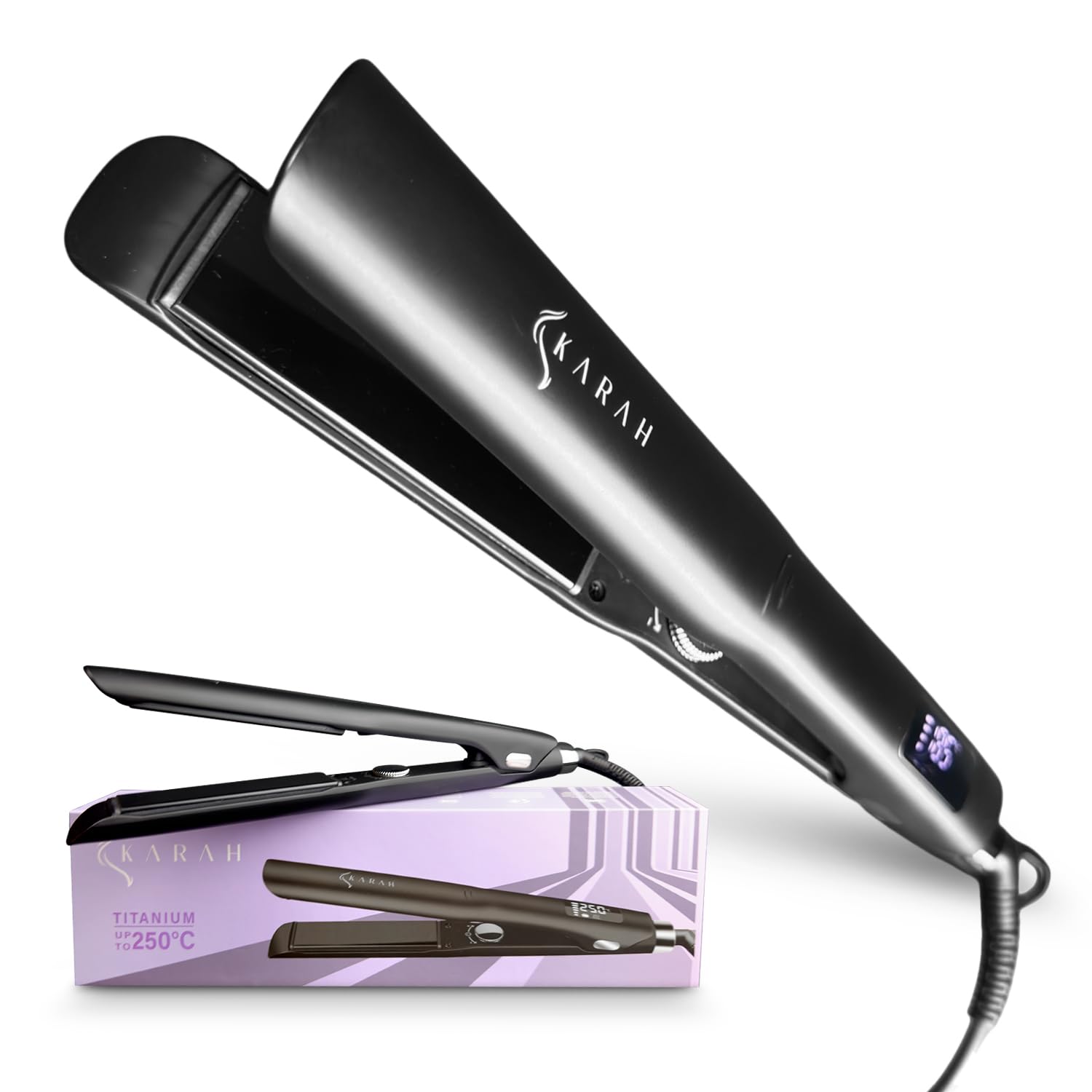 Karah Straightener Pro - Plancha del pelo profesional con placas de titanio, plancha para cabello con iones, temperatura máxima 250º para alisar y ondular, perfectas ondas surferas. Hair Straightener