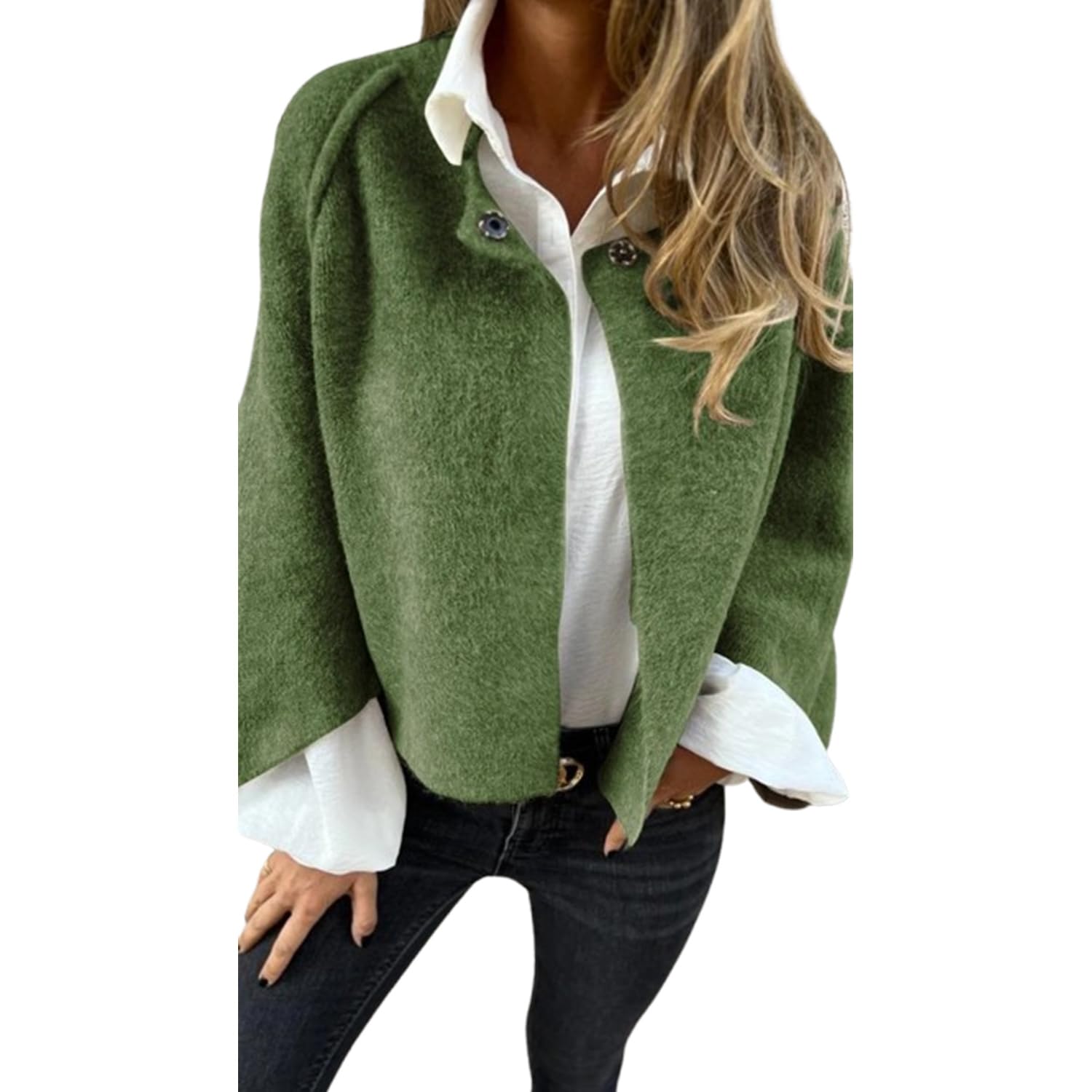 PNZLZIA Women's Round Neck Woolen Long Sleeve Coat, Soft Warm Cashmere Cardigan Jacket, Women Cropped Wool Blend Coat (Small,Green)