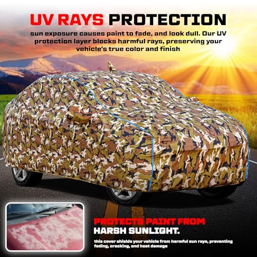 Image of Tata Tiago 100% Waterproof Car Cover for All Weather Protection with Mirror & Antena Pocket Inner Cotton Layer Triple Stitched Cover with Adjustable Belt Bottom Elastic to Secure Fit-Jungle