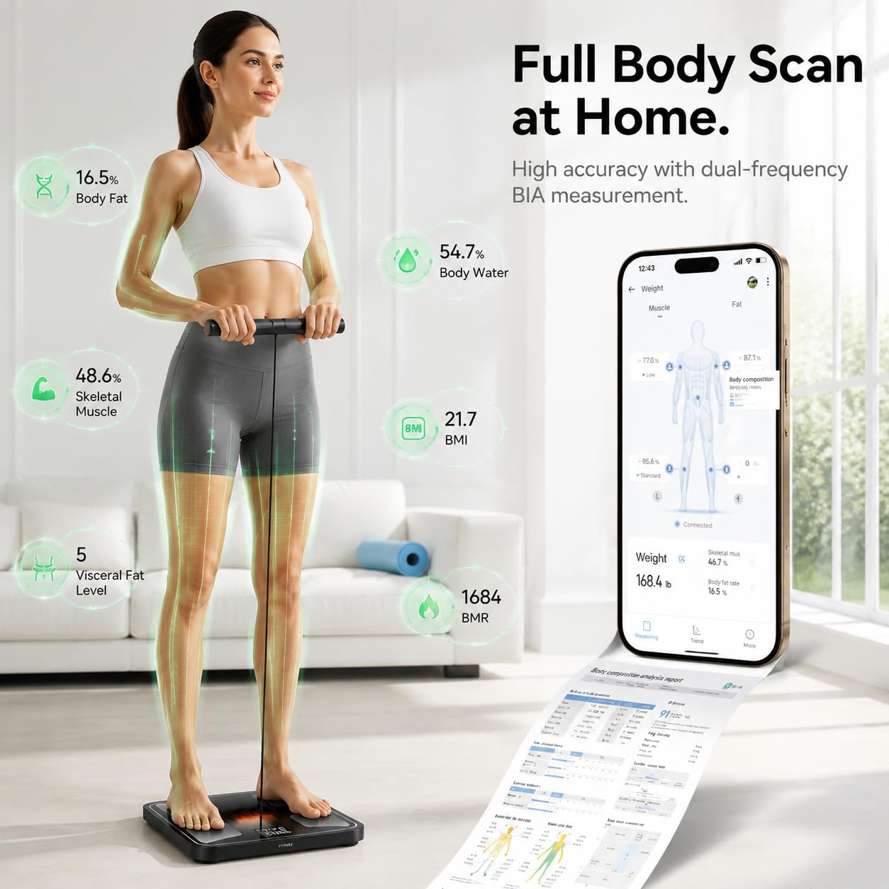 YUHUO Báscula inteligente para peso corporal, báscula digital de baño de 8 electrodos con IMC, grasa corporal, masa muscular, analizador segmentario de composición de cuerpo completo, sincronización