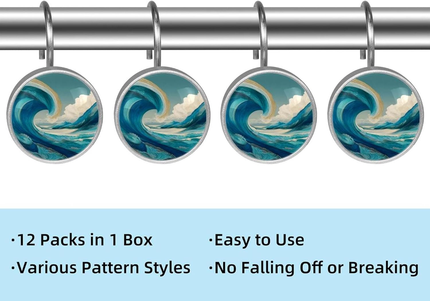 Set of 12 Shower Curtain Hooks, Shower Curtain Rings Crystal Glass Decorative Bathroom Hook, Waves