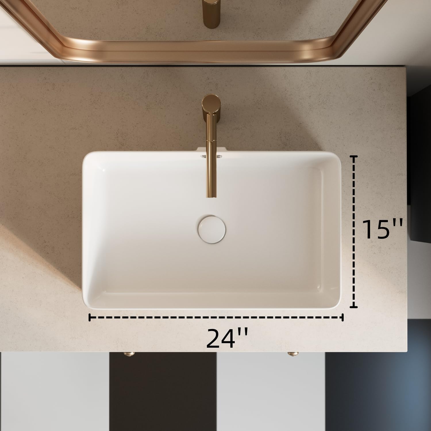 24 Inch Rectangular Vessel Sink with Overflow for Bathroom, Los Flexi 24"W x 15"D Modern Bathroom Sink Above Counter, Porcelain Basin, White Lavatory Sinks