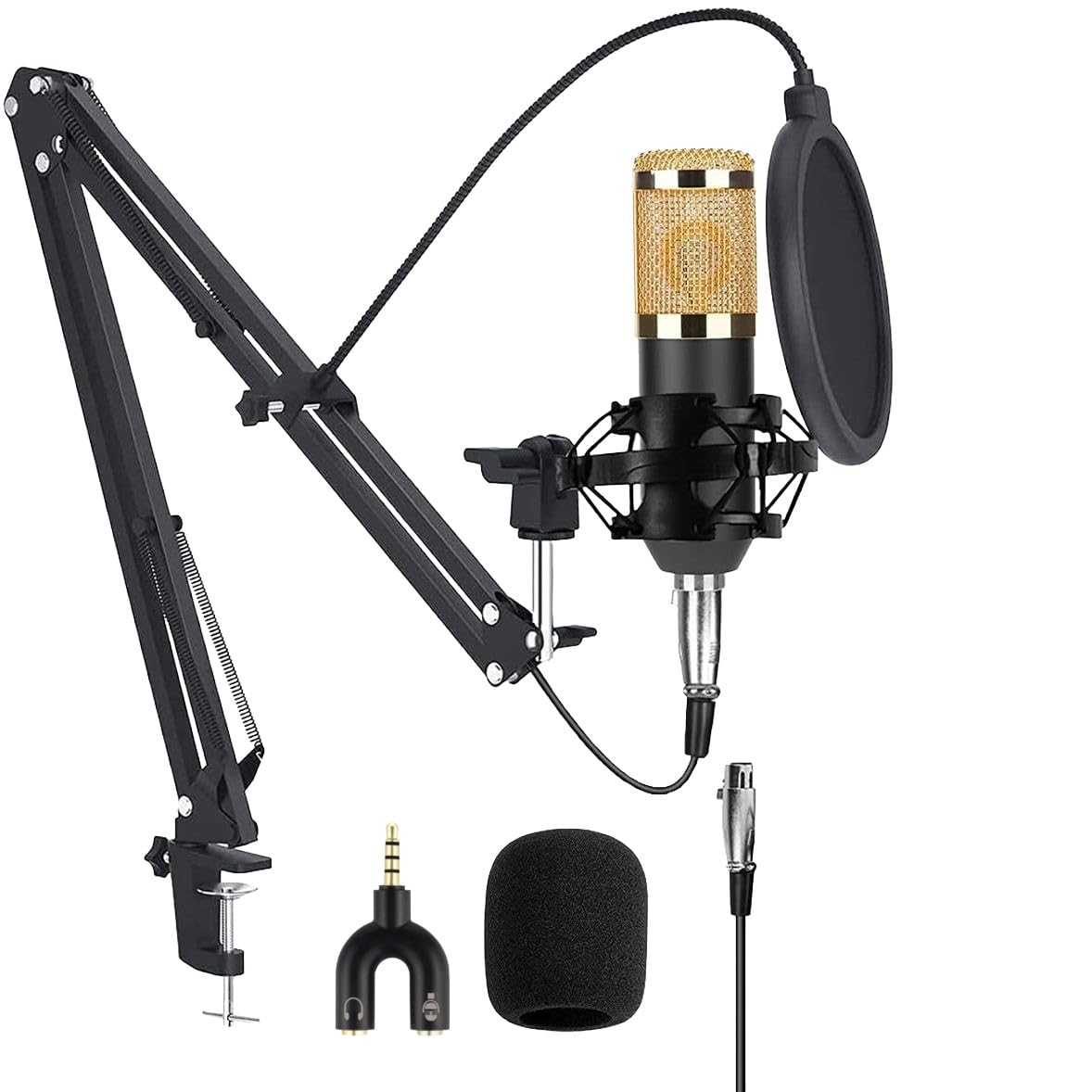 Condenser Microphone Kit with Scissor Arm Stand, Shock Mount, Pop Filter, Foam Windscreen, XLR Cable, Black and Gold-image-5