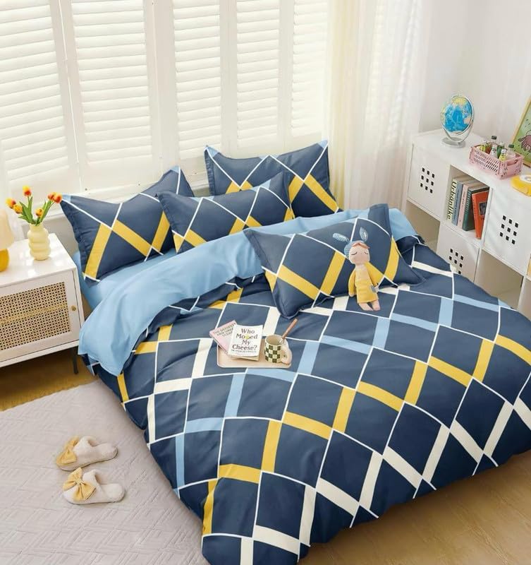 Image of Jashan Premium Cotton Fitted Bedsheets with 2 Pillow Covers for King Bed | 200-220 TC | Size 78x72+10 Inches | Blue Zigzag | Soft, Durable, All-Around Elastic Modern Collections