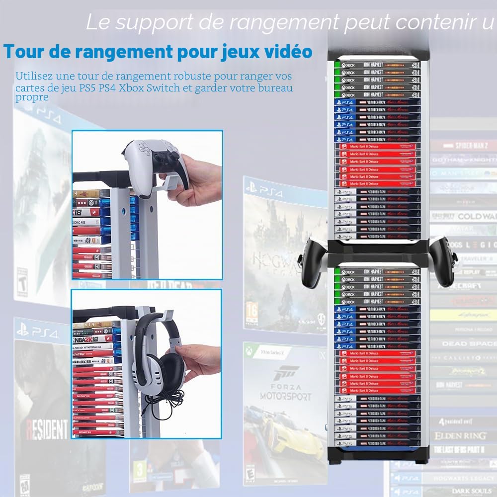 Tour de rangement pour PS5, PS4, Xbox Series X, Switch, et disques Blu-Ray Peut contenir 46 disques de jeu Avec 2 supports pour casque
