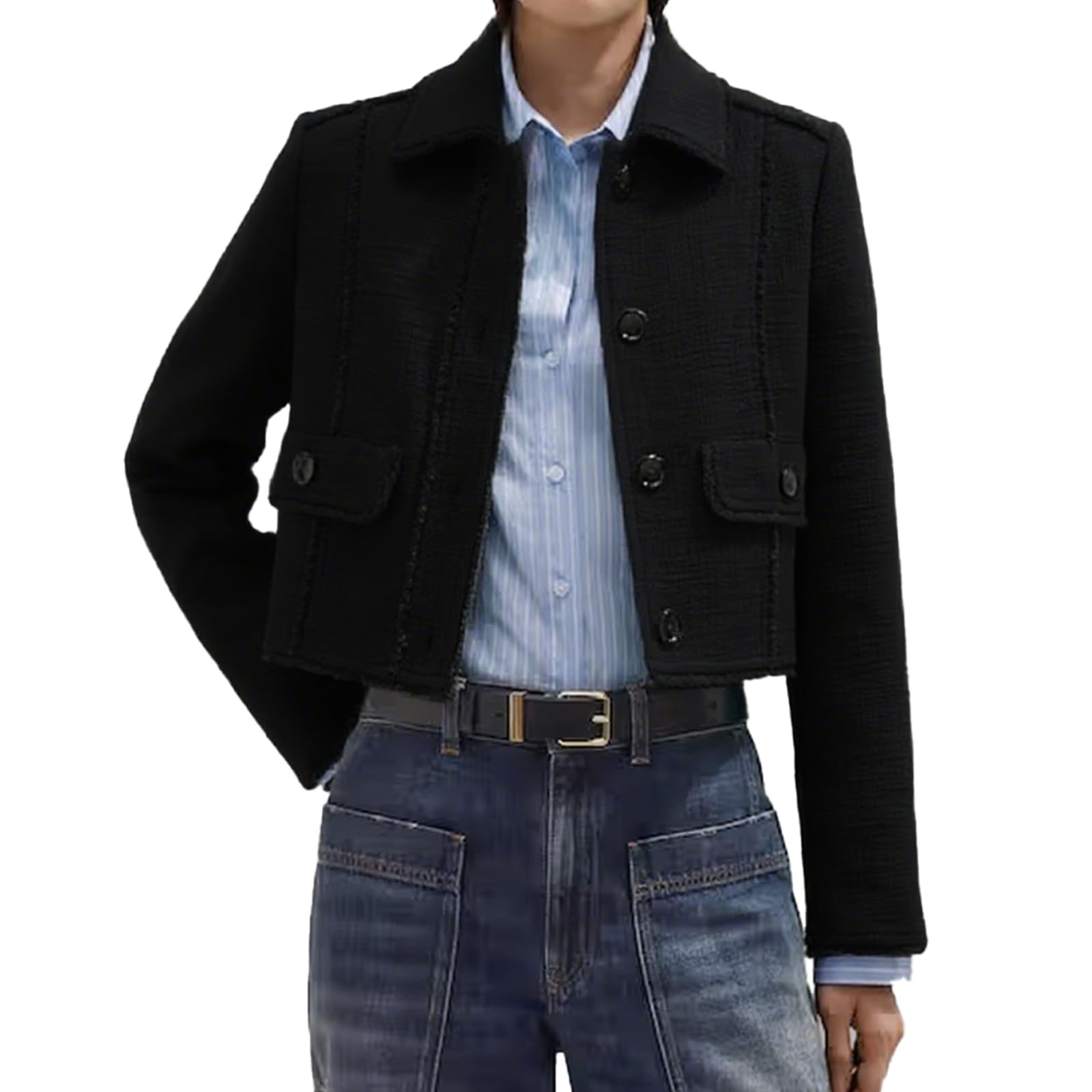 Womens Tweed Fringe Blazer Jacket Cropped Button Front Classic Lapel Trendy Pockets